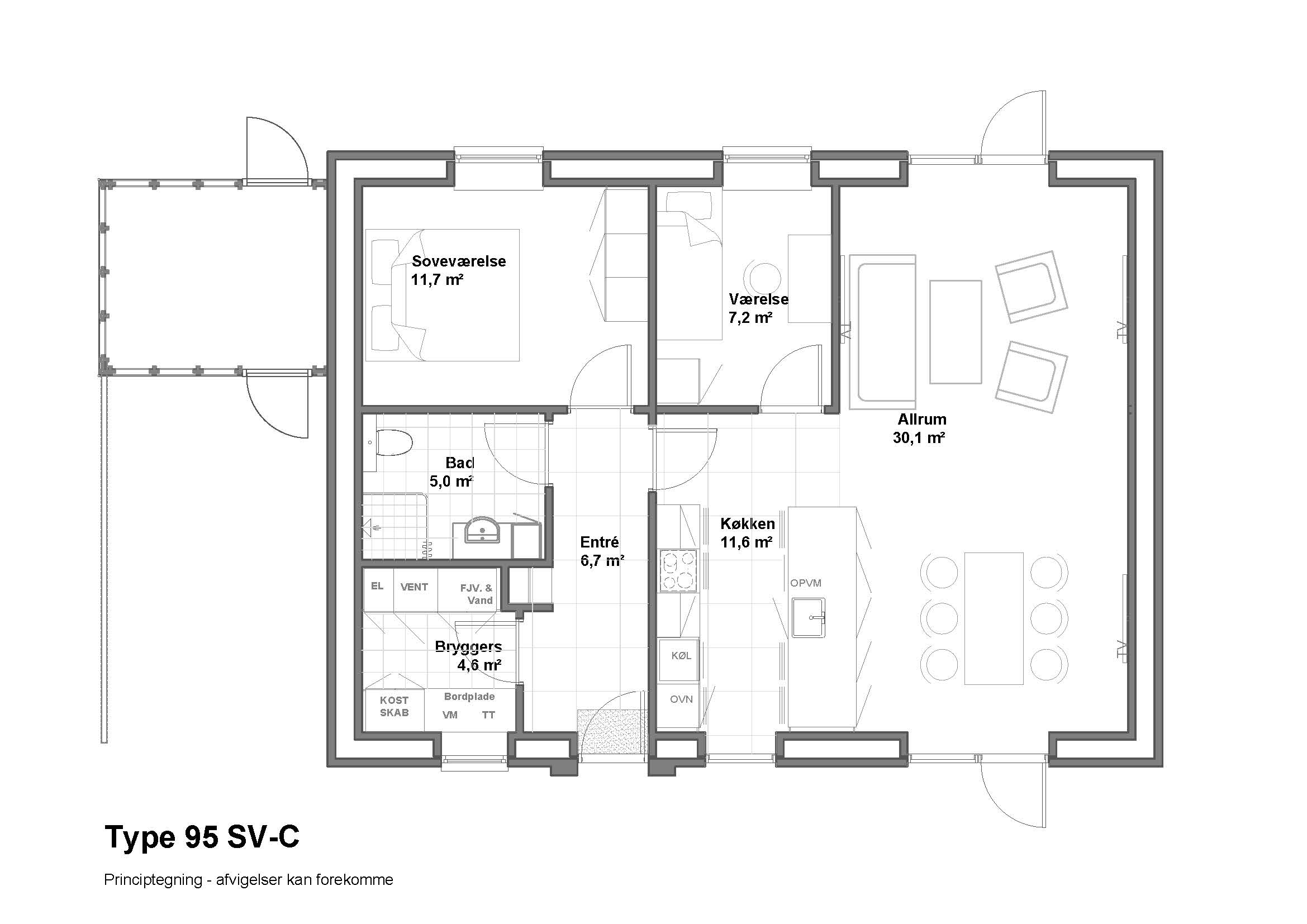 En Principtegning af en type 95 SV-C bolig plan. Med teksten: Principtegning - afvigelser kan forekomme.