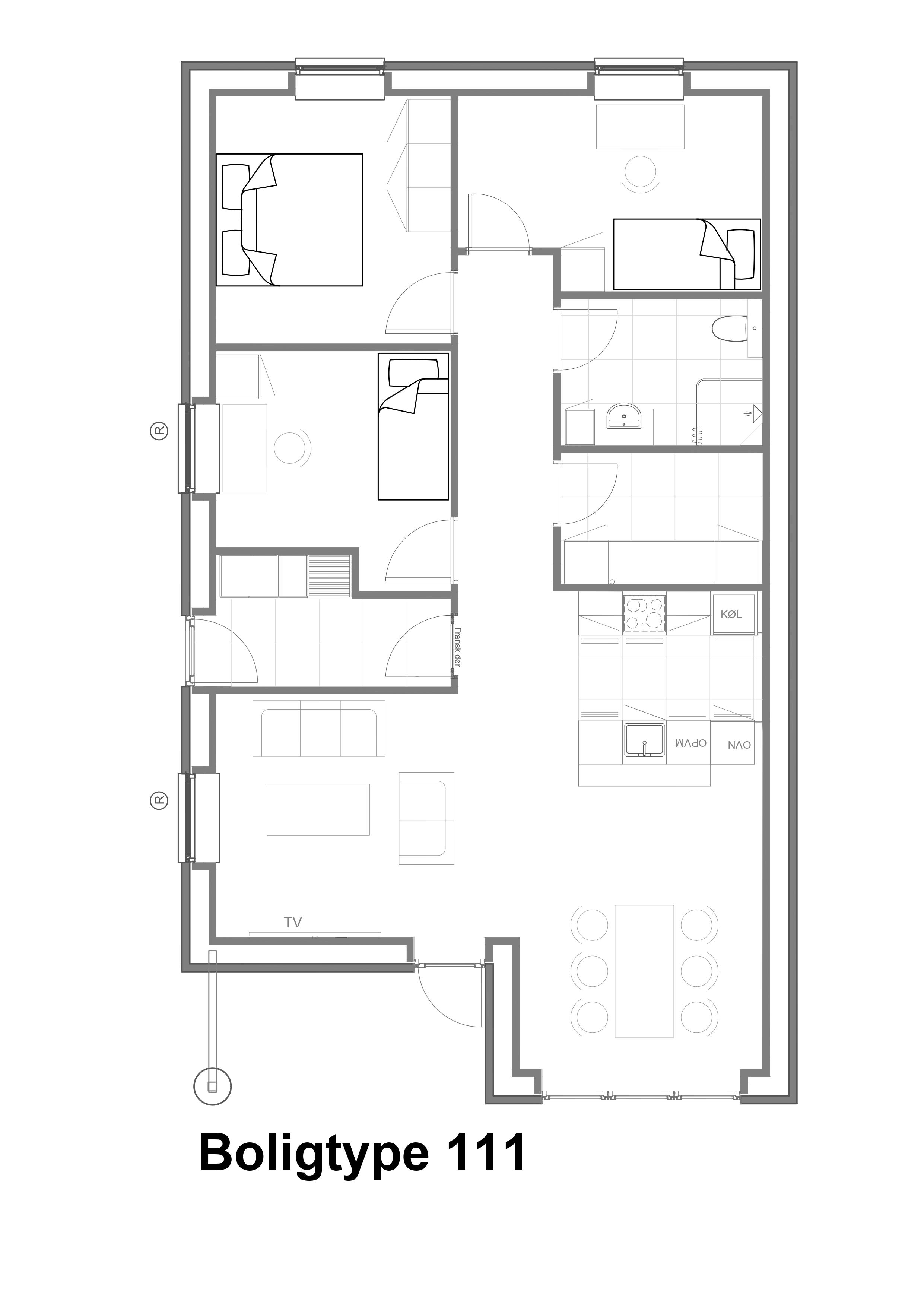 En Principtegning af en type 111 bolig plan.